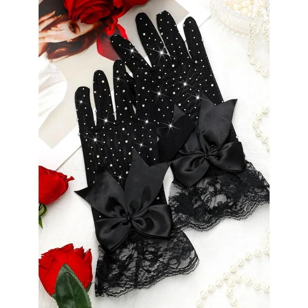 Women's Evening Rhinestones Black Short Lace Bow Gloves Accessories Halloween